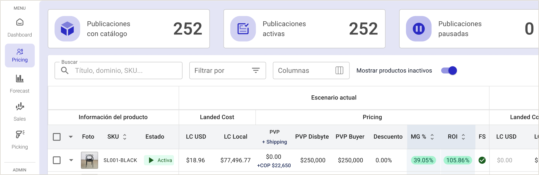 Módulo de Pricing de Disbyte — vista general con sidebar de módulos